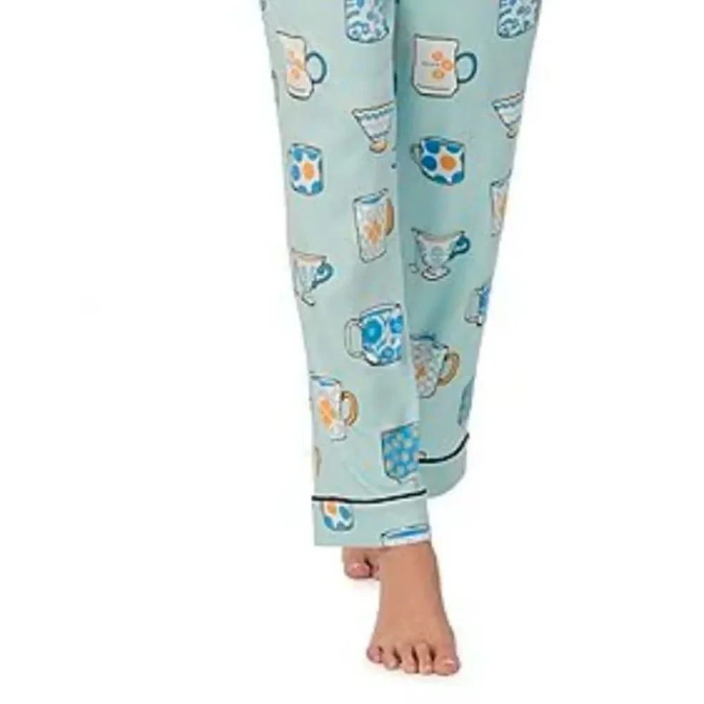 kate spade XL Light Blue Tea Coffee Print Notch Collar 3/4 Sleeve Pants PJ Set